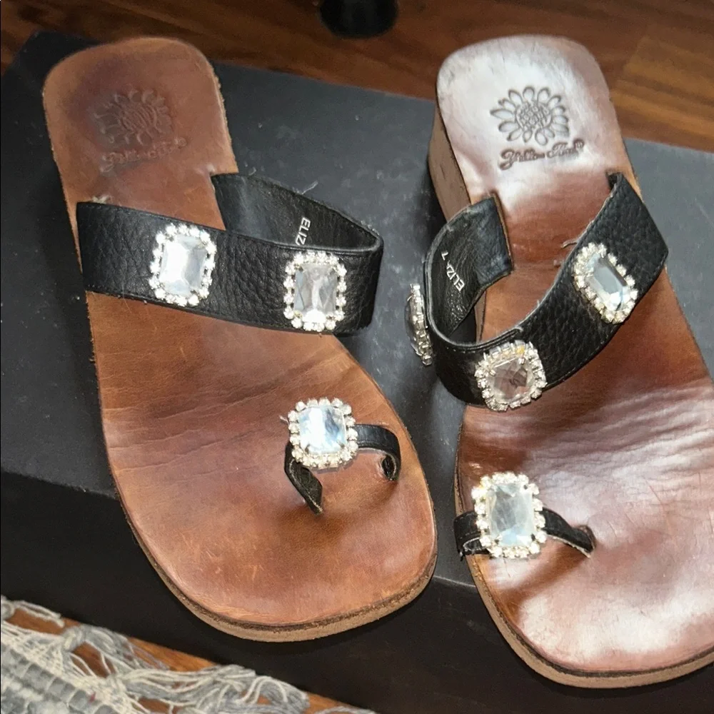 Yellow Box Black Sandals with Crystal Accents - Picture 2 of 4